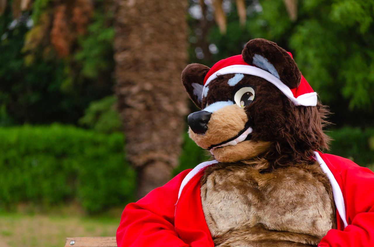 A furry character dressed in a Santa outfit poses outside in Montevideo, Uruguay.